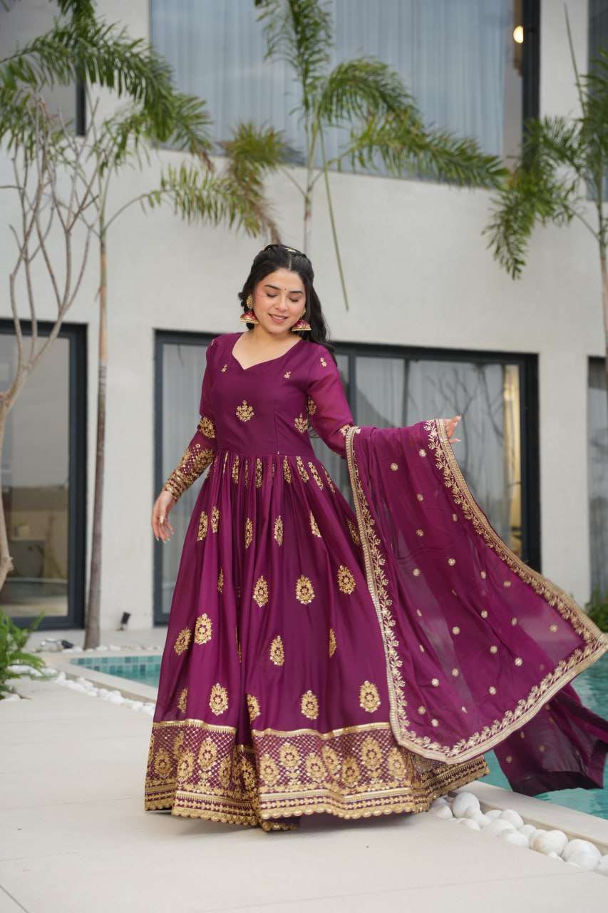 Womenβs Ethnic Anarkali Style Floor-Length Gown in Magenta with Golden Zari Embroidery β Festive & Wedding Wear - Image 6