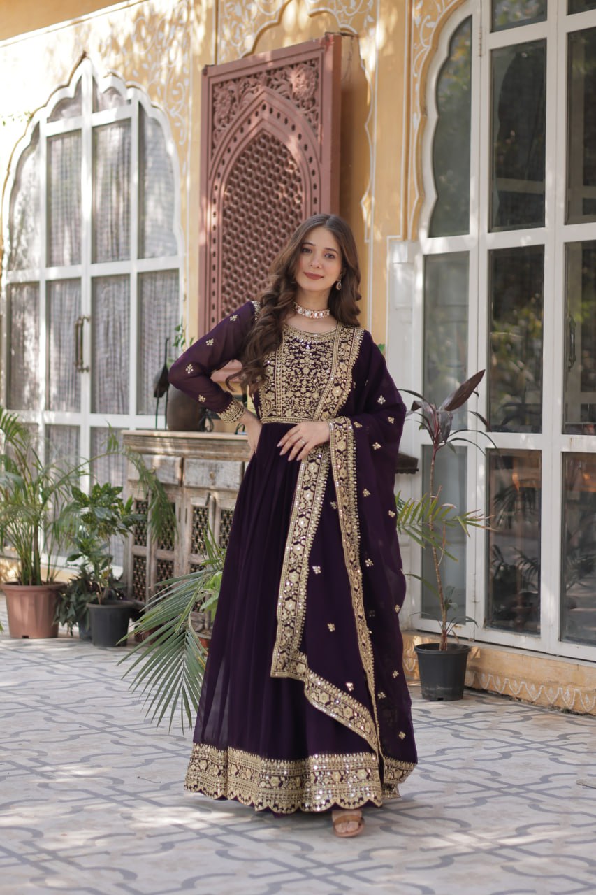 Women's Luxurious Plum Velvet Anarkali Gown with Heavy Gold Zari & Sequin Embroidery β Perfect for Weddings & Grand Festivities - Image 6