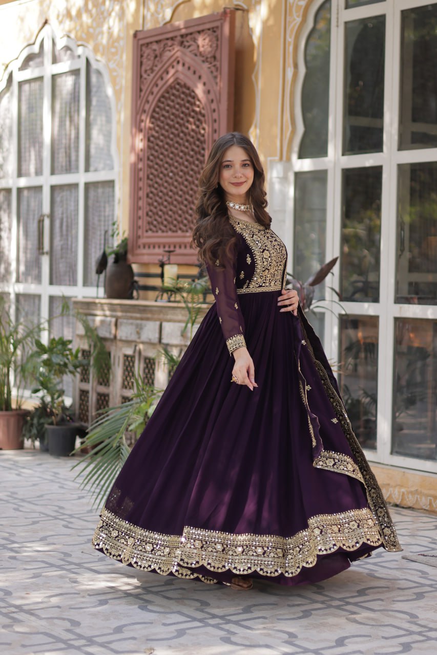 Women's Luxurious Plum Velvet Anarkali Gown with Heavy Gold Zari & Sequin Embroidery β Perfect for Weddings & Grand Festivities - Image 4