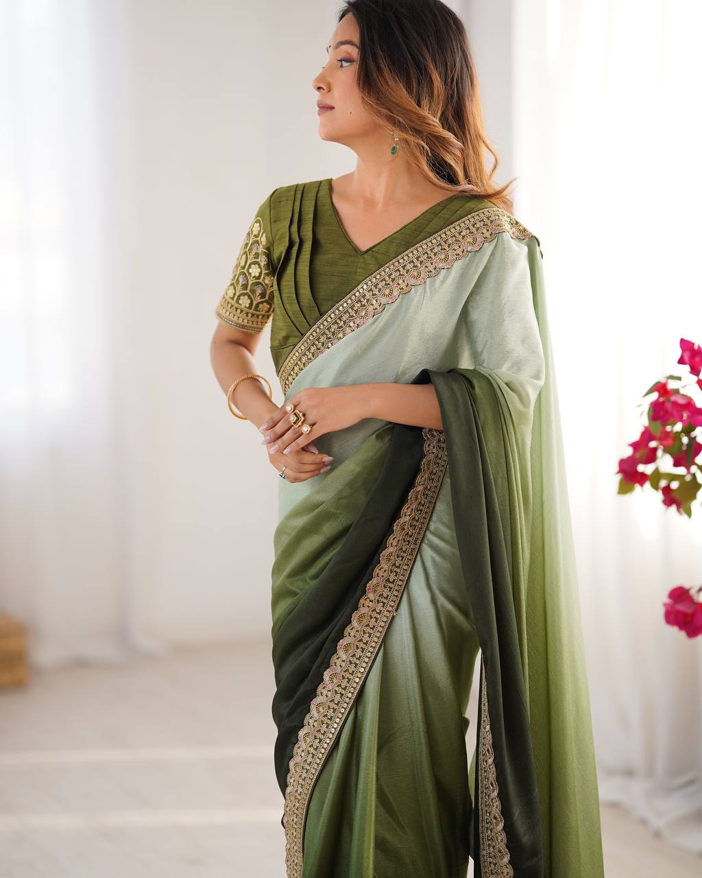 Women's Elegant Ombre Green Georgette Saree with Intricate Golden Zari & Stone Embellishments – Complete with Heavily Worked Blouse for Festive & Wedding Wear - Image 25