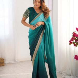 Women's Elegant Ombre Green Georgette Saree with Intricate Golden Zari & Stone Embellishments β Complete with Heavily Worked Blouse for Festive & Wedding Wear