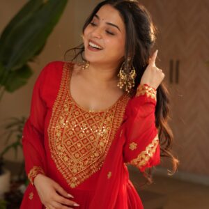 Women's Radiant Red Anarkali Suit Set with Golden Zari & Sequin Embroidery – Perfect for Festive & Wedding Occasions