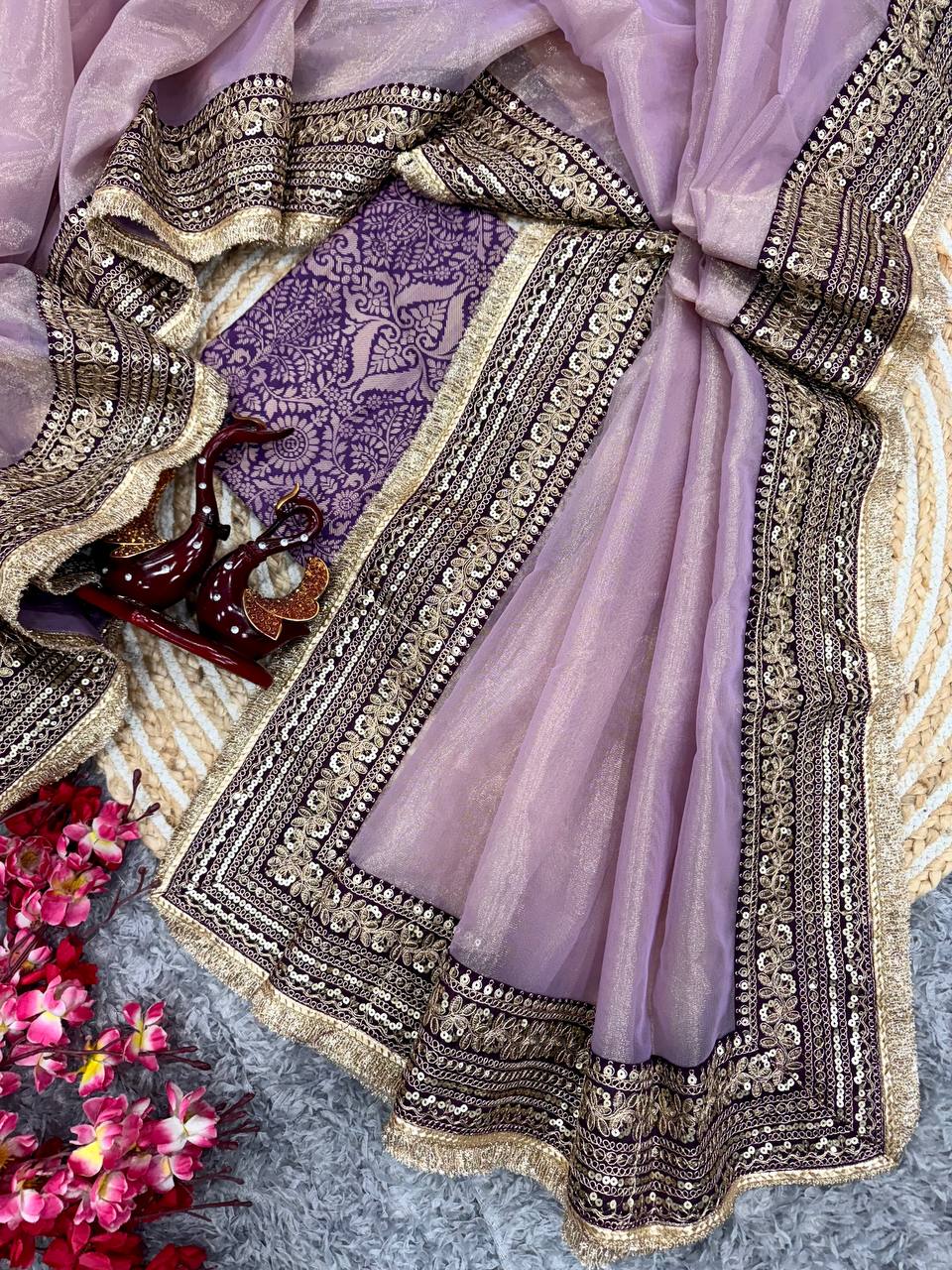 Women's Luxurious Mauve & Purple Art Silk Saree with Intricate Golden Zari & Broad Embroidered Border β Complete with Brocade Blouse for Festive & Wedding Wear - Image 4