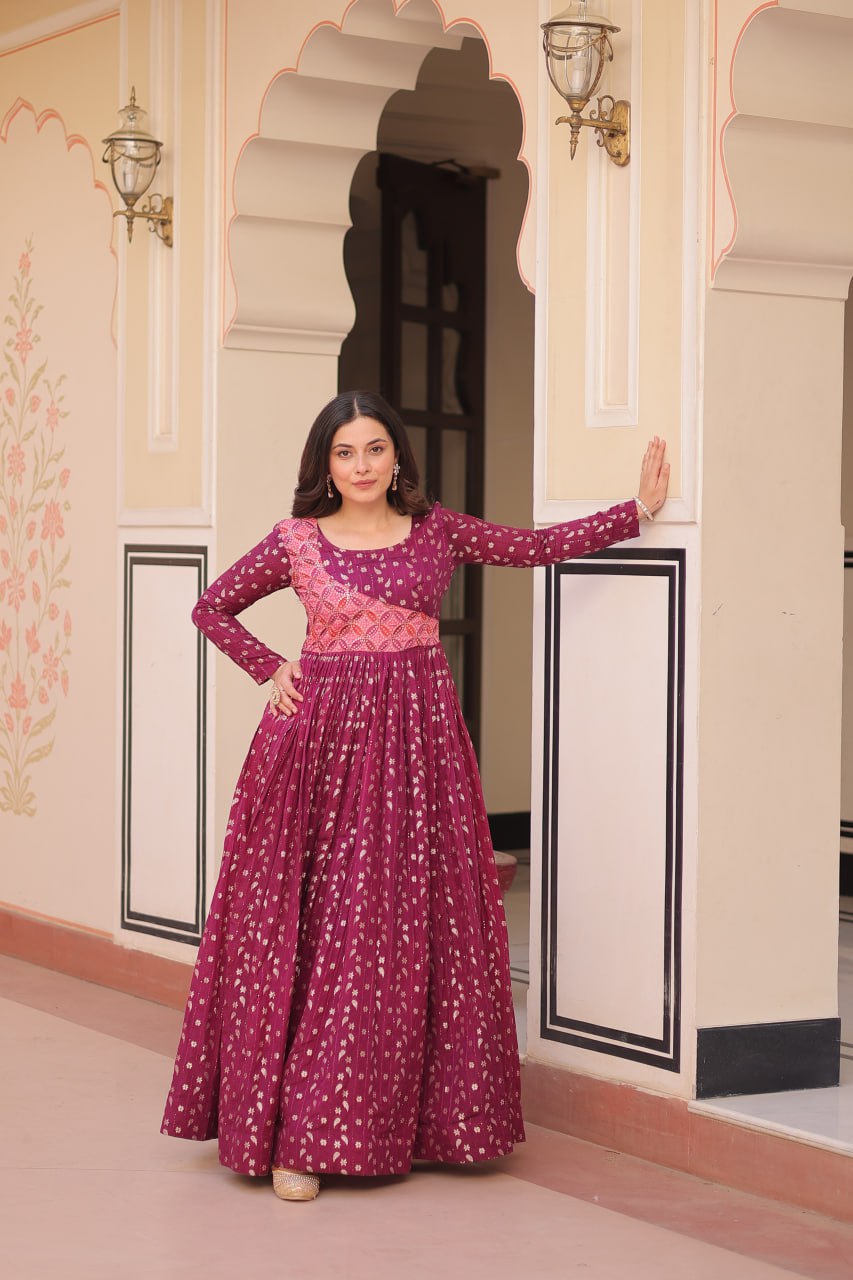 Women's Festive Berry Purple Printed Anarkali Gown with Intricate Zari Work & Embellished Yoke β Perfect for Traditional & Celebration Wear - Image 6