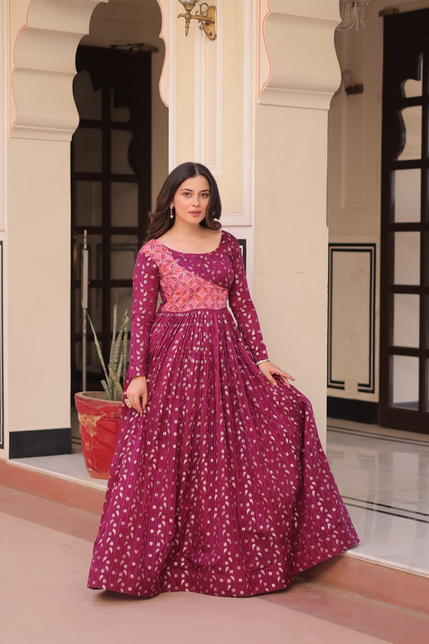 Women's Festive Berry Purple Printed Anarkali Gown with Intricate Zari Work & Embellished Yoke β Perfect for Traditional & Celebration Wear - Image 3