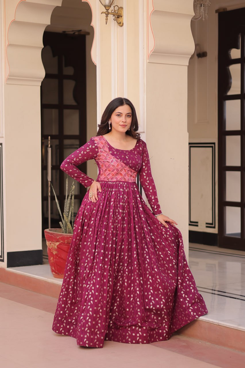 Women's Festive Berry Purple Printed Anarkali Gown with Intricate Zari Work & Embellished Yoke β Perfect for Traditional & Celebration Wear - Image 2
