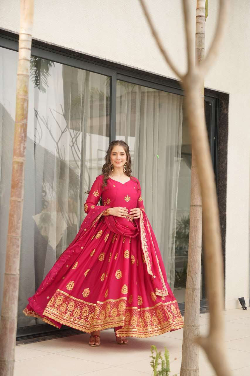 Womenβs Ethnic Anarkali Style Floor-Length Gown in Magenta with Golden Zari Embroidery β Festive & Wedding Wear - Image 11