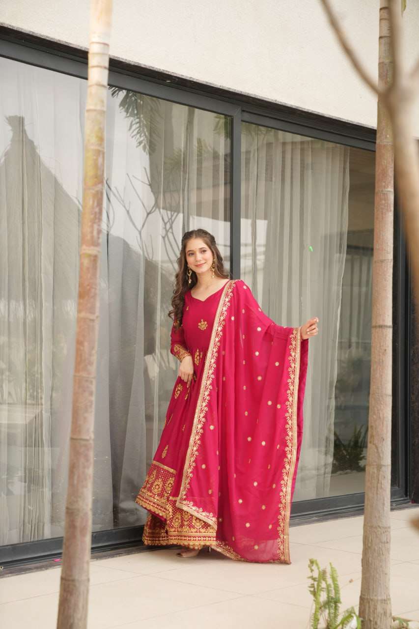 Womenβs Ethnic Anarkali Style Floor-Length Gown in Magenta with Golden Zari Embroidery β Festive & Wedding Wear - Image 2