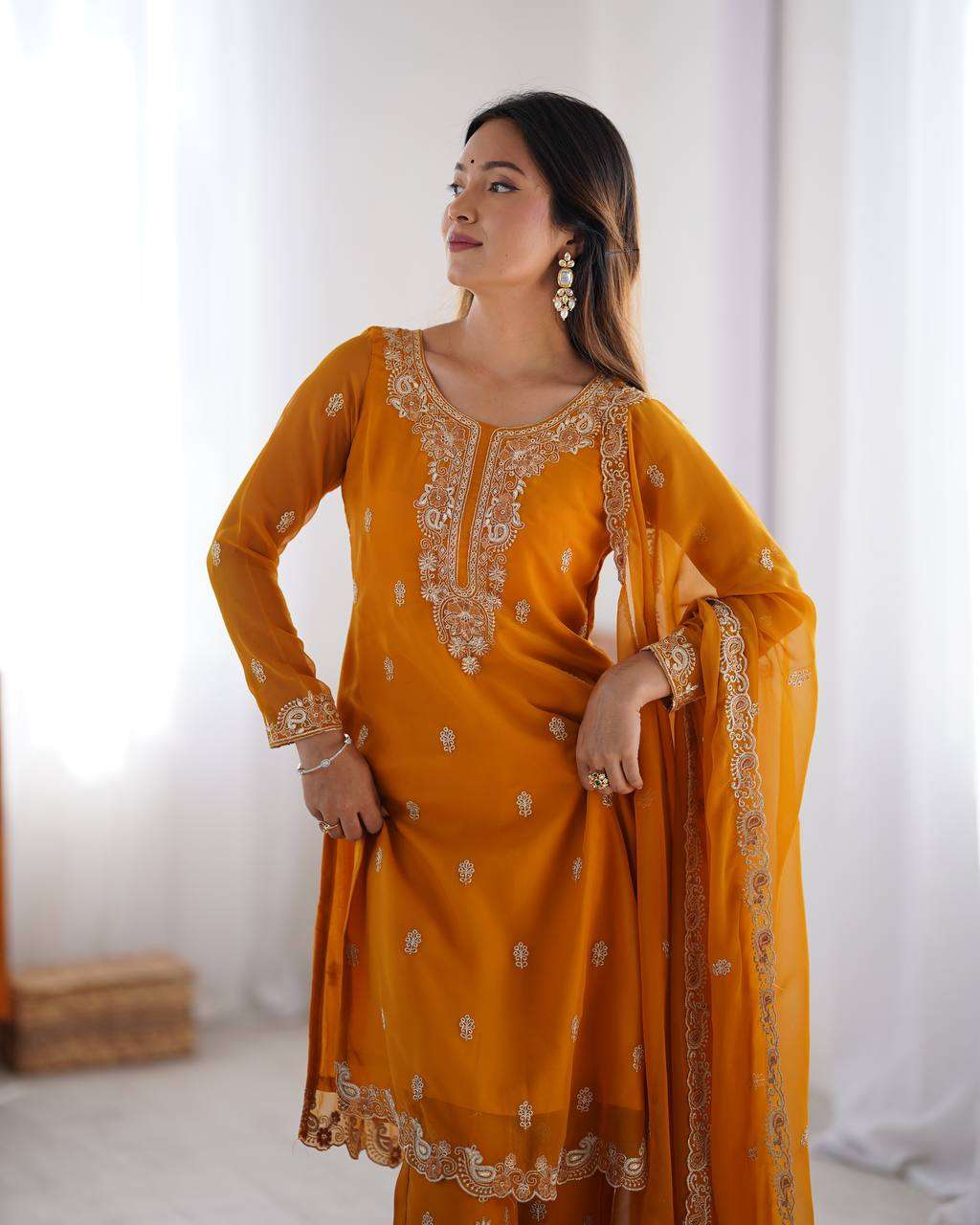 Women's Georgette Embroidery Straight Kurti with Pant And Dupatta Set - Image 6