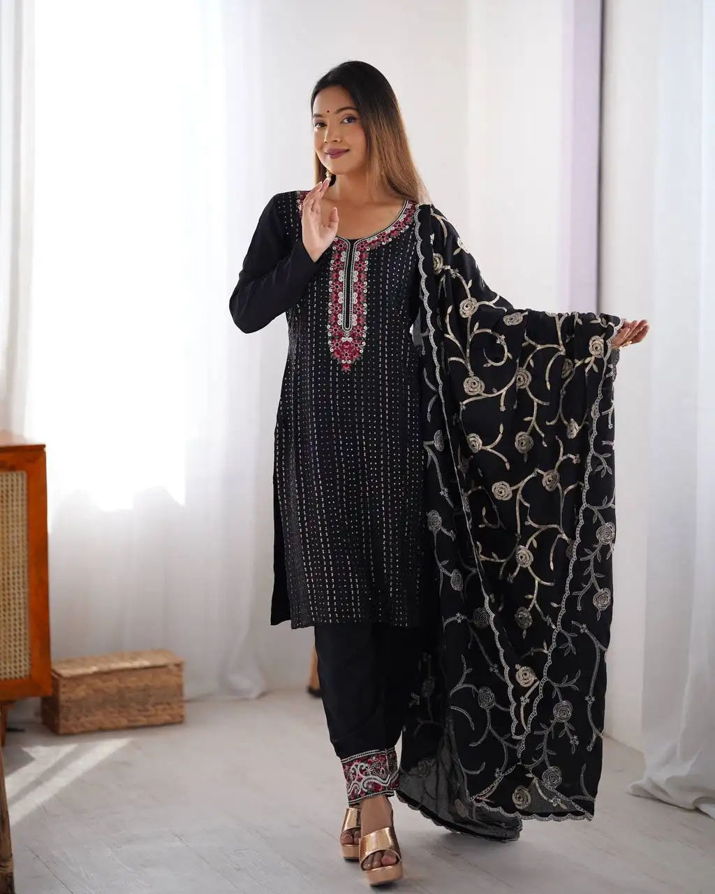 Women's Chinon Silk Sequence And Thread Work Straight Kurti With Pant and Dupatta Set