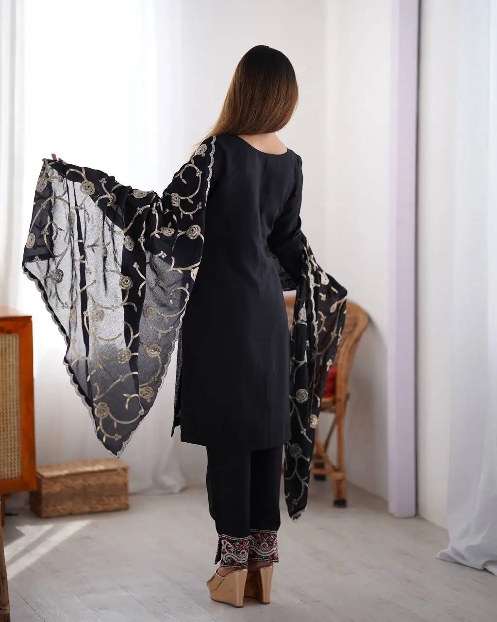 Women's Chinon Silk Sequence And Thread Work Straight Kurti With Pant and Dupatta Set - Image 10