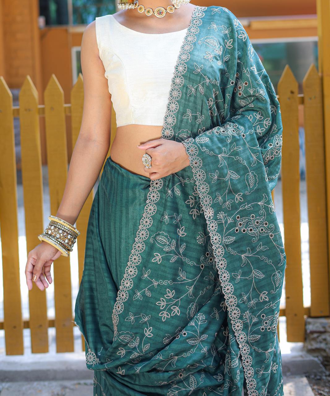 Women's Royal Prussian Blue Georgette Saree with Intricate Silver Thread & Mirror Work Embroidery – Perfect for Festive & Wedding Celebrations - Image 18